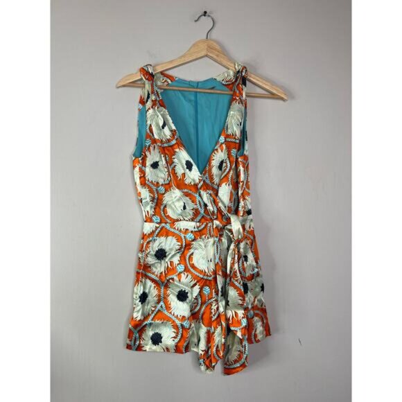 NEW Alexis Kerissa Floral Print V-Neck Orange and Cream Sleeveless Romper - Picture 3 of 9